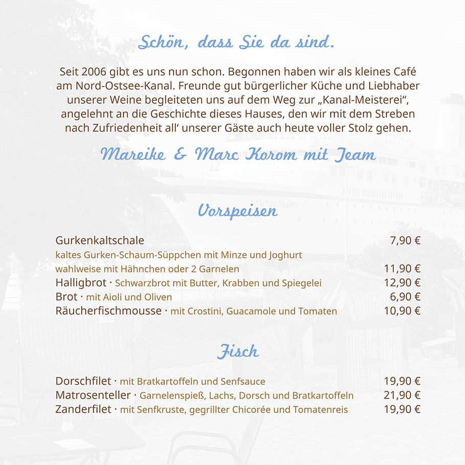 Speisekarte Kanal-Meisterei April 2023