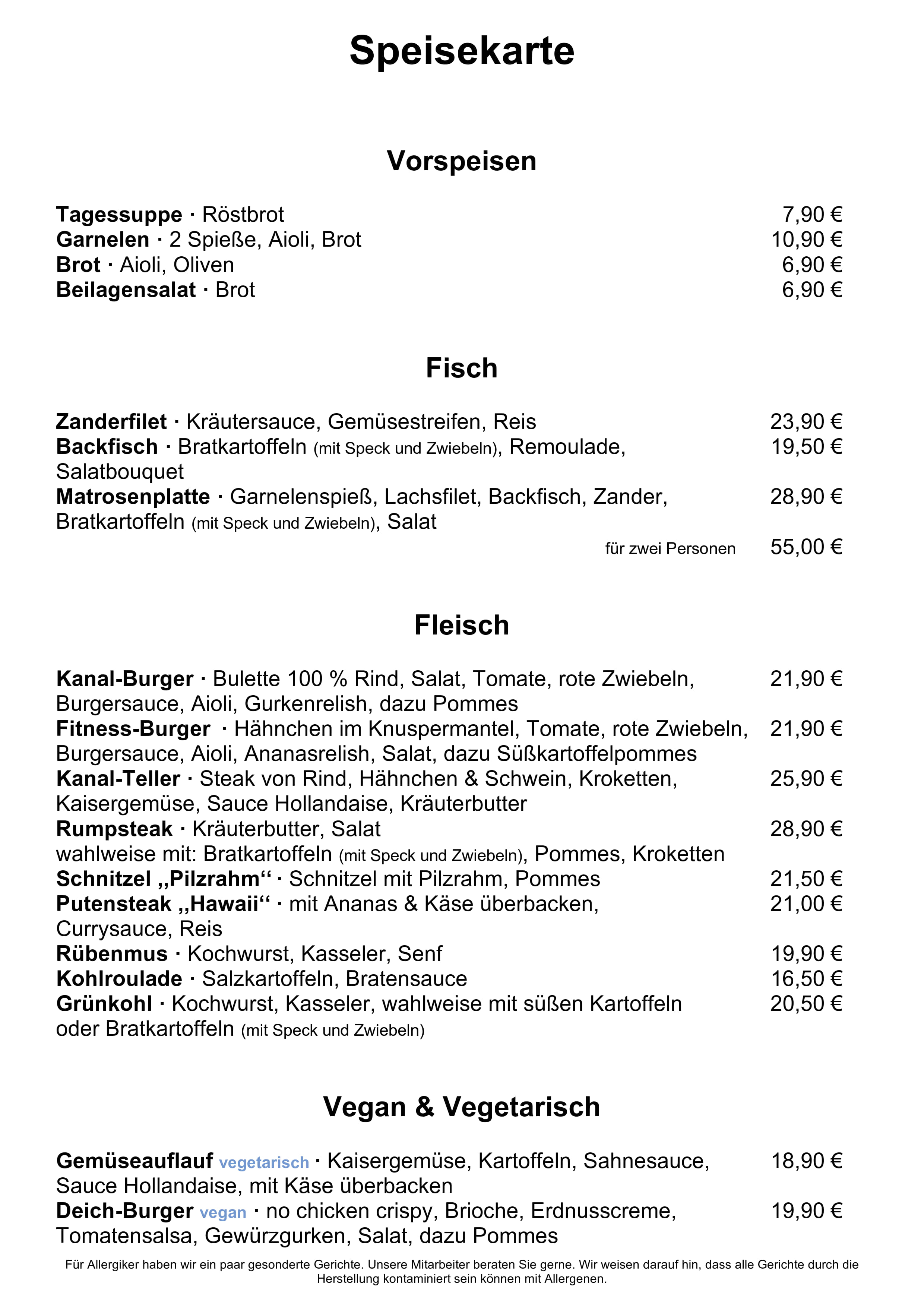 Speisekarte Kanal-Meisterei ab Oktober 2025