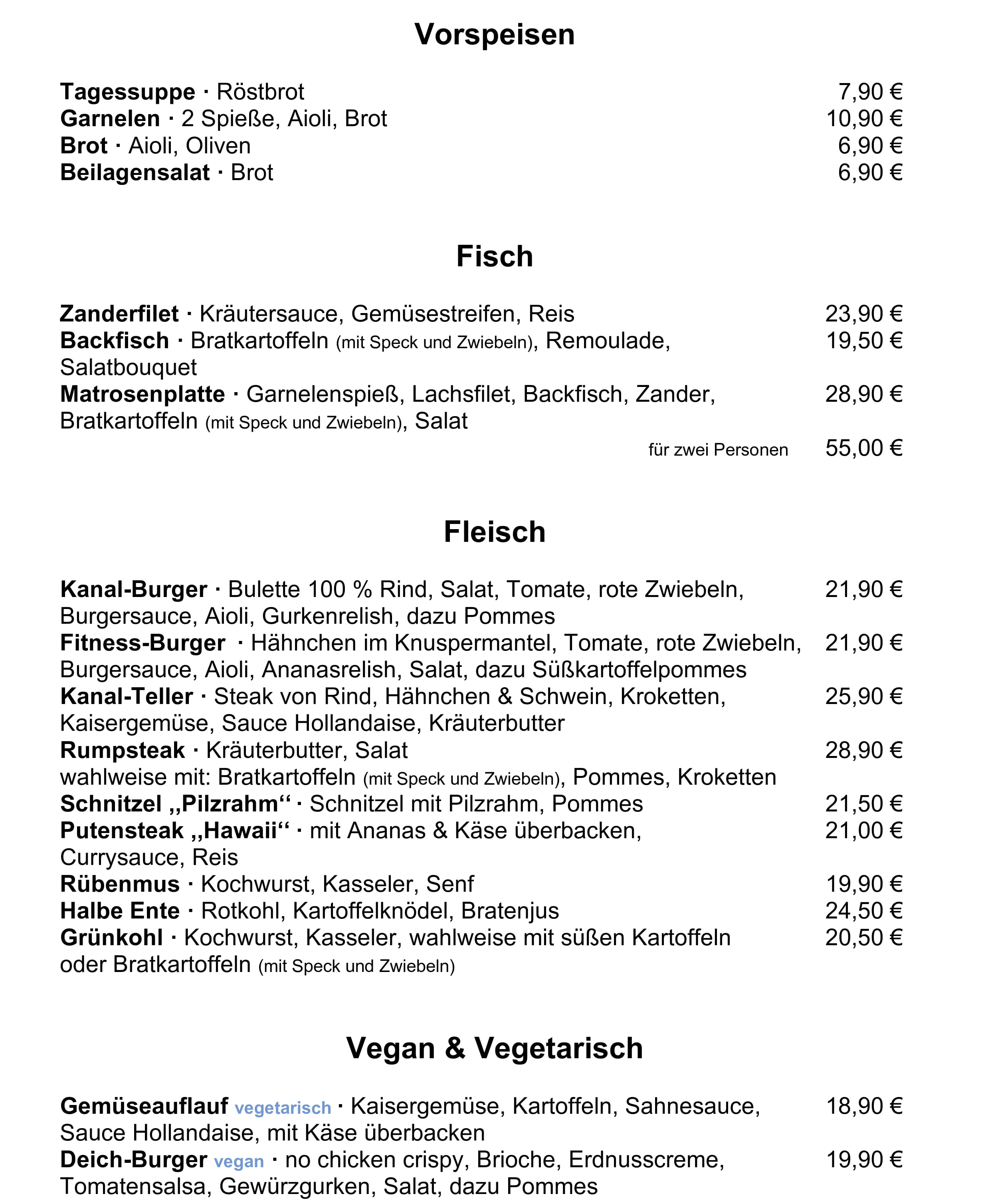 Speisekarte Kanal-Meisterei ab Oktober 2025